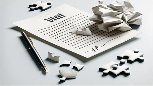 A crumpled paper symbolizing a poorly executed estate plan, with a broken pen and mismatched puzzle pieces beside it, representing miscommunication and incomplete planning, against a plain white background.